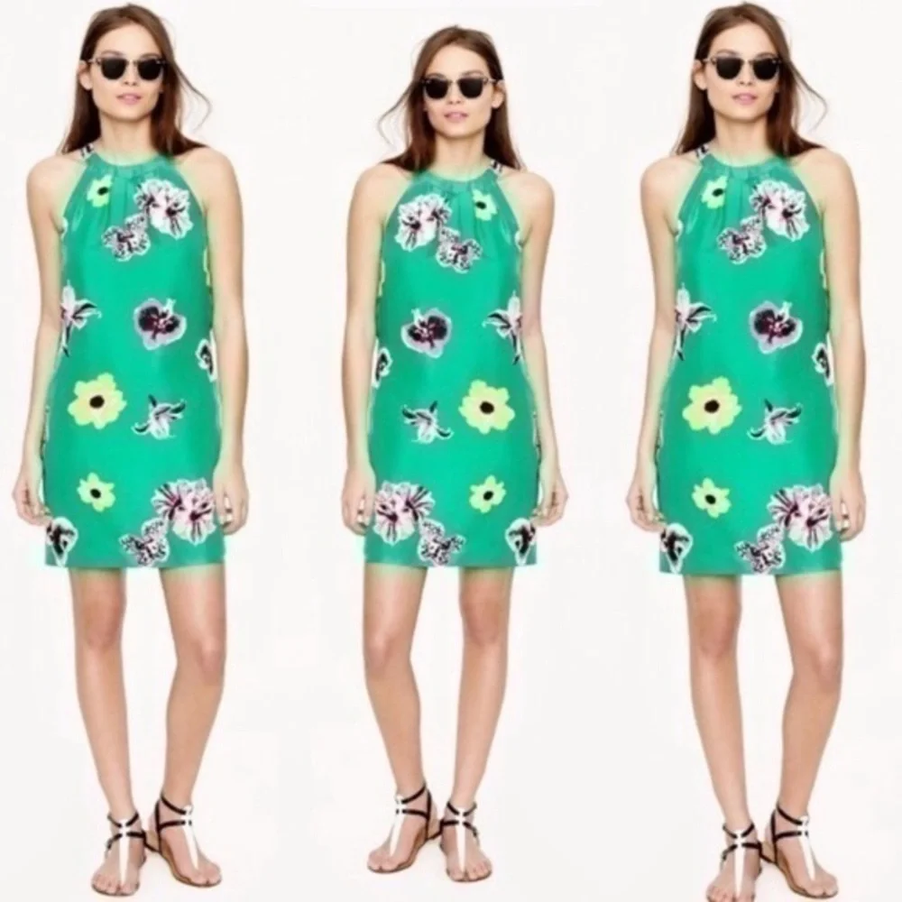 J. Crew green floral silk halter shift dress